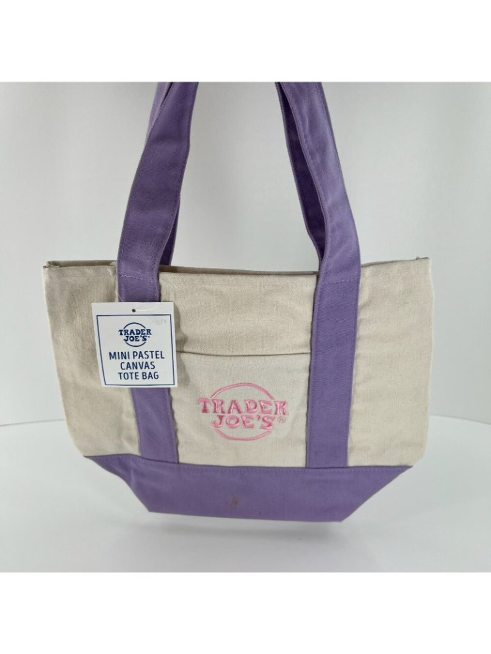 Trader Joes Mini Pastel Canvas Tote Bag Shopper Handbag Pocket Logo Purple Beige - Picture 2 of 11